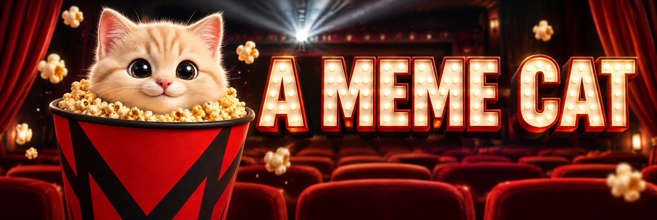 Memecat in a movie theater beside illuminated A MEME CAT marquee lettering