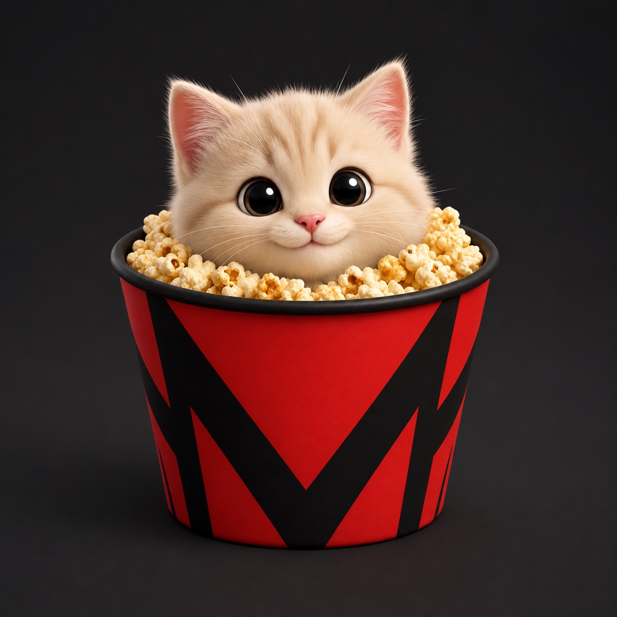 Cream-colored Memecat peeking out of a red and black popcorn bucket
